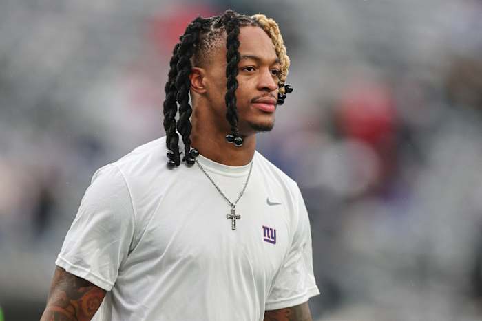Dec 11, 2022; East Rutherford, New Jersey, USA; New York Giants safety Xavier McKinney (29) walks across the field before the game against the Philadelphia Eagles at MetLife Stadium.