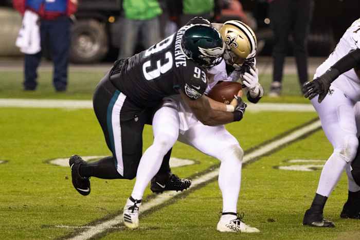Dec 13, 2020; Philadelphia Eagles nose tackle Javon Hargrave (93) sacks New Orleans Saints Taysom Hill (7). Mandatory Credit: Bill Streicher-USA TODAY