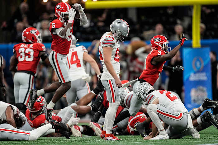 Ohio State place kicker Noah Ruggles reacts to his missed field goal against Georgia.