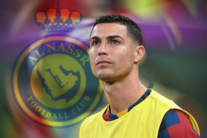 Cristiano Ronaldo pictured next to a superimposed image of the Al Nassr FC logo