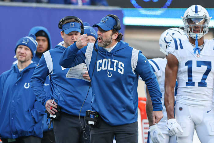 Jan 1, 2023; East Rutherford, New Jersey, USA; Indianapolis Colts head coach Jeff Saturday reacts during the second half against the New York Giants at MetLife Stadium. Mandatory Credit: Vincent Carchietta-USA TODAY Sports
