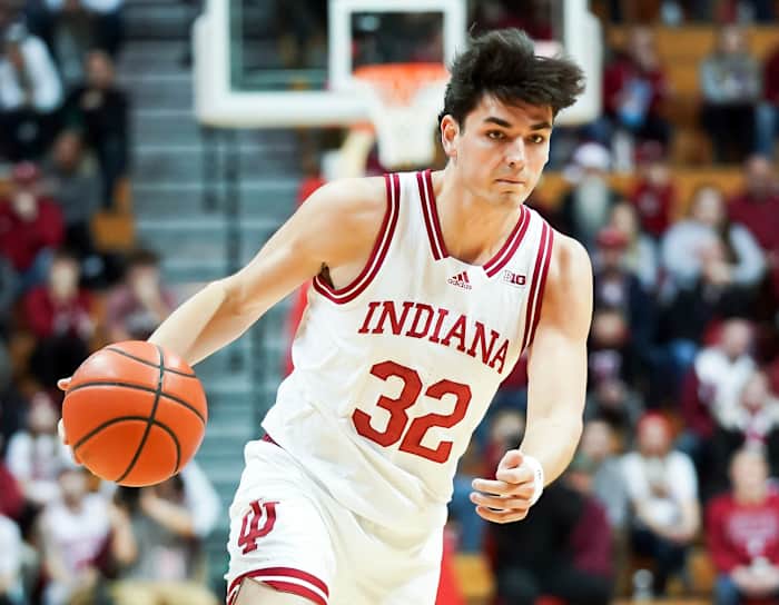 Indiana Hoosiers guard Trey Galloway (32) dribbles the ball during the first half against the Kennesaw State Owls at Simon Skjodt Assembly Hall.