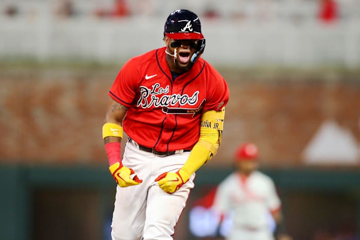Braves right fielder Ronald Acuña Jr. celebrates after hitting a two run home run against the Phillies in the eighth inning at Truist Park.