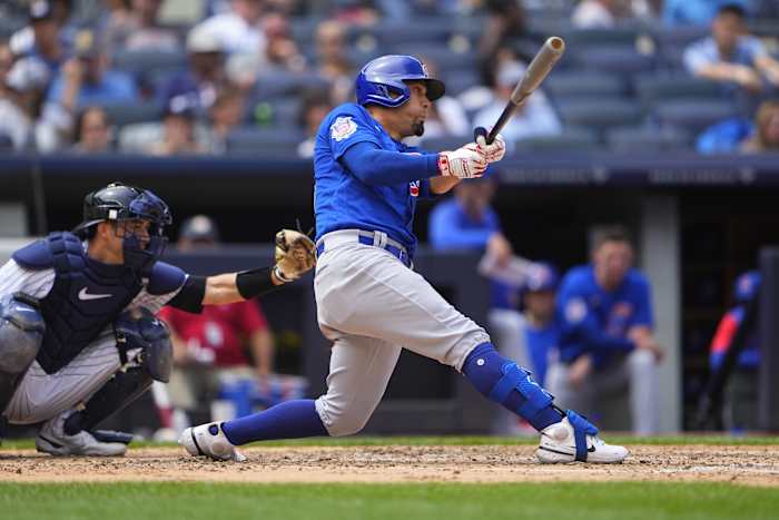 Chicago Cubs OF Rafael Ortega hitting at Yankee Stadium