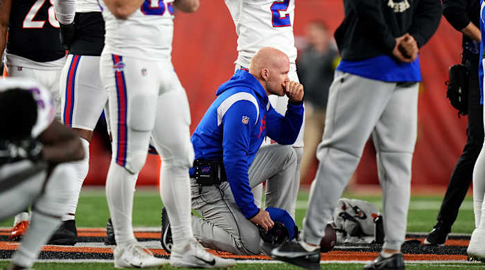 Bills coach Sean McDermott in the aftermatch of Damar Hamlin collapse against Bengals in Week 17.