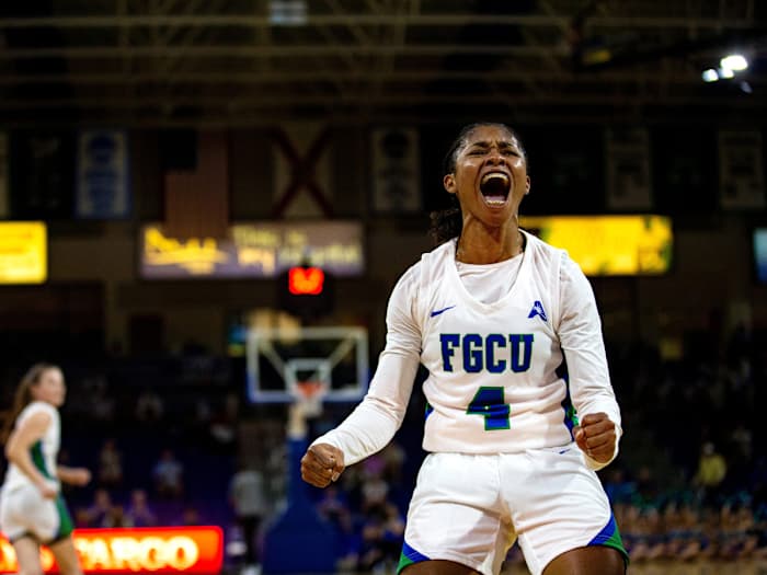 Florida Gulf Coast guard Tishara Morehouse celebrates after making a shot against Old Dominion.