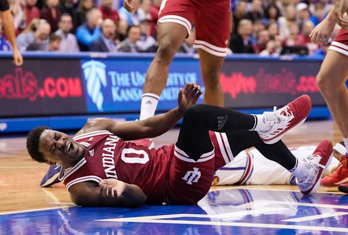 Indiana Hoosiers guard Xavier Johnson (0) injured during the first half against the Kansas Jayhawks at Allen Fieldhouse.