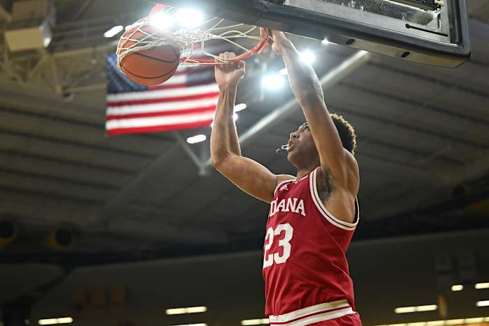 Indiana Hoosiers forward Trayce Jackson-Davis (23) completes a slam dunk against the Iowa Hawkeyes during the first half at Carver-Hawkeye Arena.