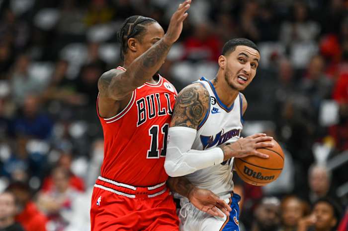 October 21, 2022; Washington Wizards forward Kyle Kuzma on offense vs. Chicago Bulls star DeMar DeRozan at Capital One Arena