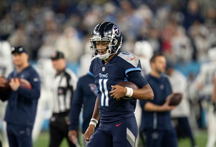 Tennessee Titans quarterback Joshua Dobbs (11) warms up before the game against the Dallas Cowboys at Nissan Stadium Thursday, Dec. 29, 2022, in Nashville, Tenn.