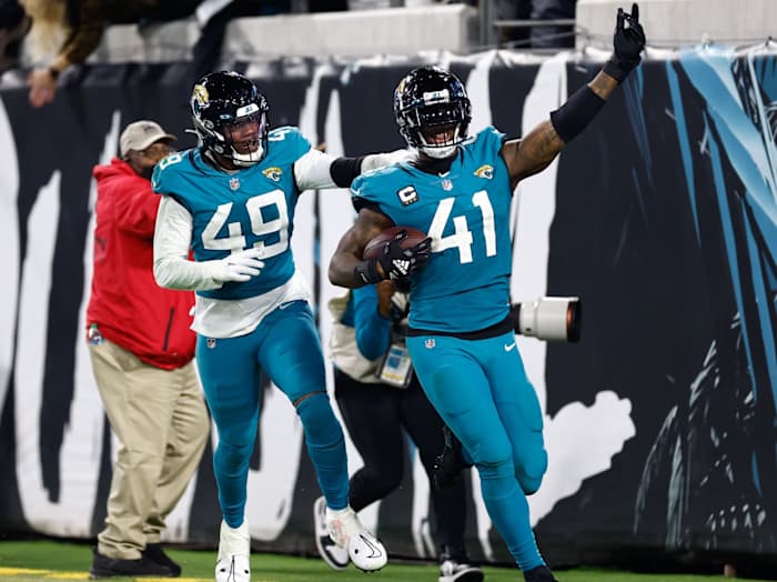 Jacksonville Jaguars linebacker Josh Allen (41) reacts after scoring a touchdown against the Tennessee Titans during the fourth quarter at TIAA Bank Field.