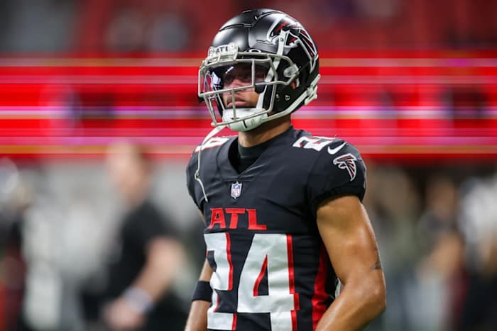 Jan 8, 2023; Atlanta, Georgia, USA; Atlanta Falcons cornerback A.J. Terrell (24) before a game against the Tampa Bay Buccaneers at Mercedes-Benz Stadium.