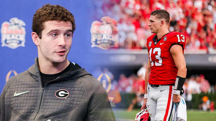 (Left) Stetson Bennett prior to the Peach Bowl. (Right) Bennett during the Tennessee game.