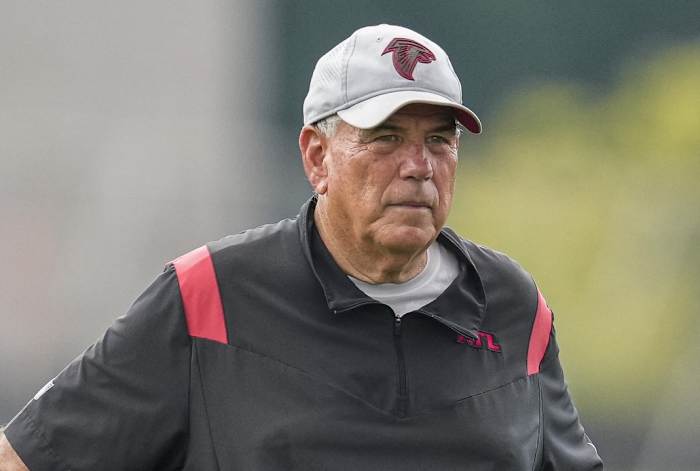 Atlanta Falcons defensive coordinator Dean Pees on the field during Minicamp at the Falcons Training Complex.