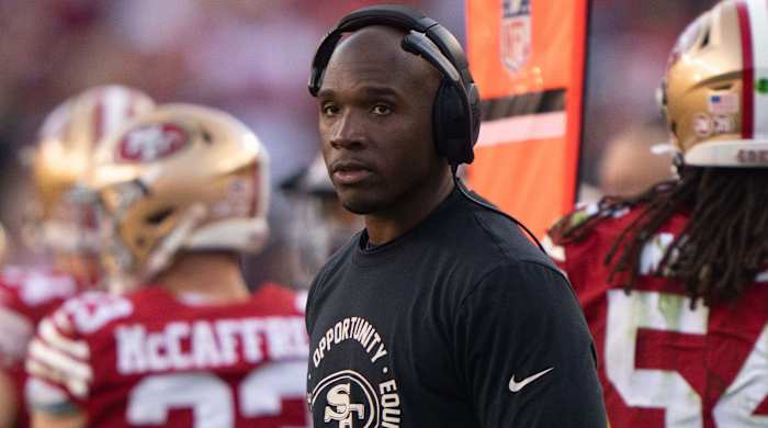 San Francisco 49ers defensive coordinator DeMeco Ryans on the sideline