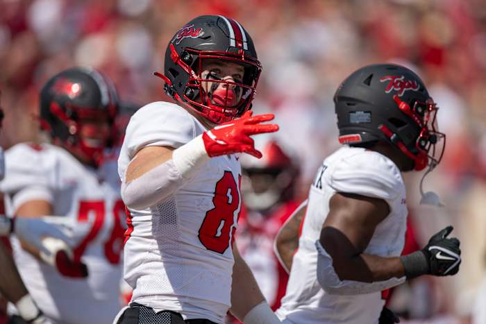 Sep 17, 2022; Bloomington, Indiana, USA; Western Kentucky Hilltoppers tight end Joey Beljan (89) reacts to scoring a touchdown during the first quarter against the Indiana Hoosiers at Memorial Stadium. Mandatory Credit: Marc Lebryk-USA TODAY Sports