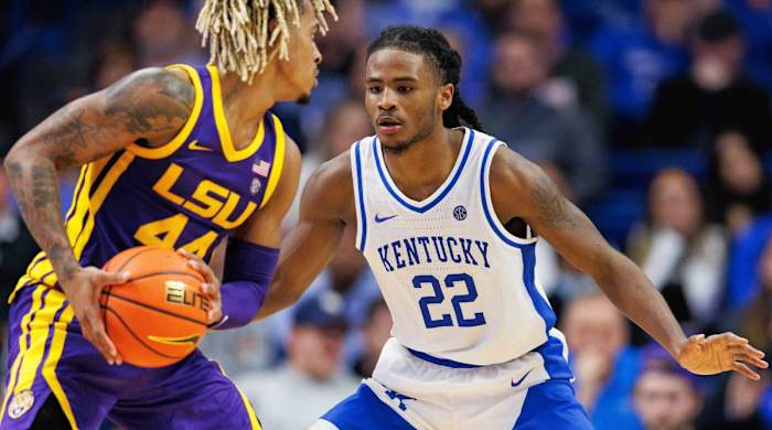 Kentucky’s Cason Wallace defends against LSU.