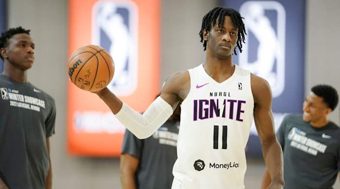 G League Ignite’s Leonard Miller warms up before a game.