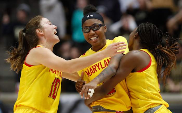 Maryland Terrapins guard Abby Meyers (10), Maryland Terrapins guard Diamond Miller (1) and Maryland Terrapins guard Shyanne Sellers