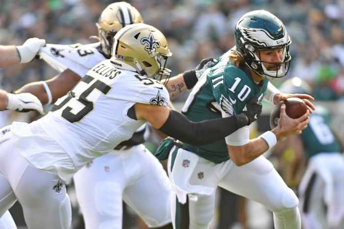 Philadelphia Eagles quarterback Gardner Minshew (10) is sacked by New Orleans Saints linebacker Kaden Elliss (55). Mandatory Credit: Eric Hartline-USA TODAY