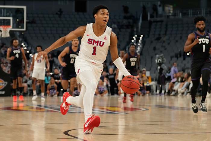Dec 10, 2022; Fort Worth, Texas, USA; Southern Methodist Mustangs guard Zhuric Phelps (1) drives to the basket against the TCU Horned Frogs during the first half at Dickies Arena. Mandatory Credit: Chris Jones-USA TODAY Sports