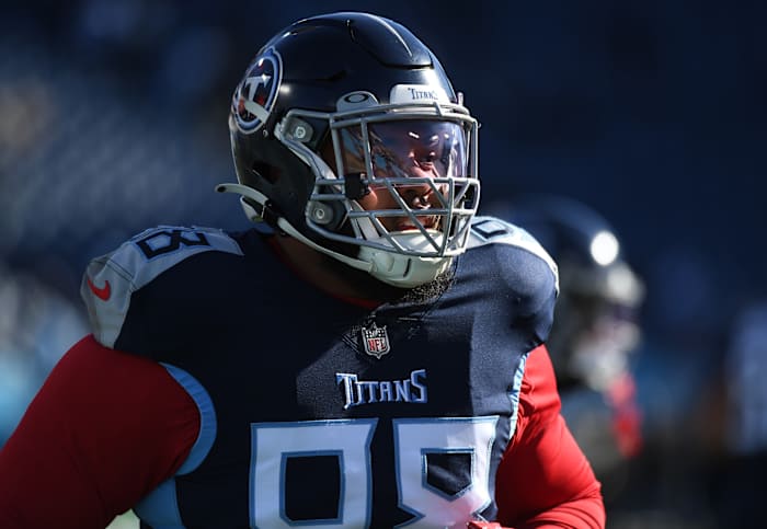 Tennessee Titans defensive tackle Jeffery Simmons (98) warms up before the game against the Houston Texans at Nissan Stadium.