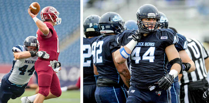 Playing for the University of Maine, Pat Ricard tackles a quarterback in one photo. In the second photo he stands outside a defensive huddle.