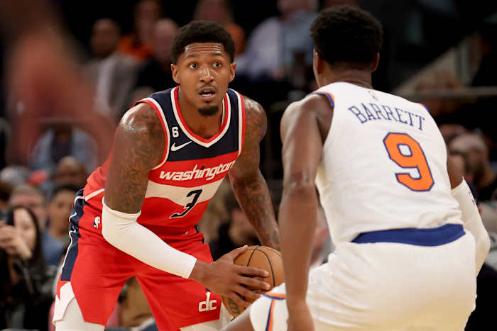 Washington Wizards guard Bradley Beal (3) squares off with RJ Barrett (9) of the New York Knicks.