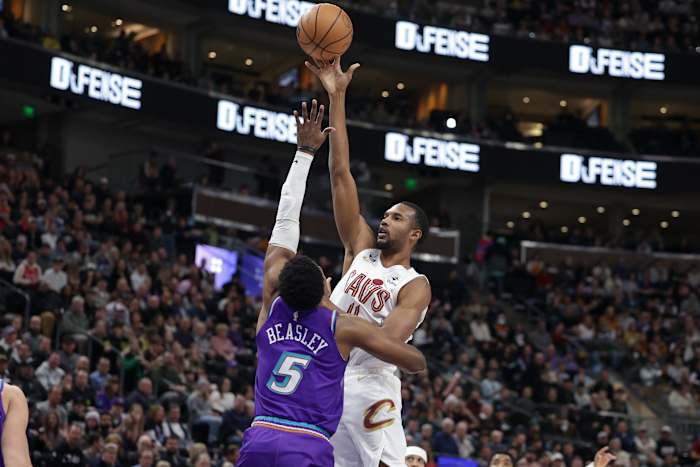 Jan 10, 2023; Salt Lake City, Utah, USA; Cleveland Cavaliers forward Evan Mobley (4) shoots the ball over Utah Jazz guard Malik Beasley (5) during the first quarter at Vivint Arena. Mandatory Credit: Chris Nicoll-USA TODAY Sports