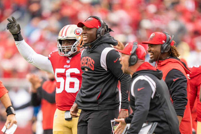 September 18, 2022; Santa Clara, California, USA; San Francisco 49ers defensive coordinator DeMeco Ryans celebrates during the third quarter against the Seattle Seahawks at Levi's Stadium.