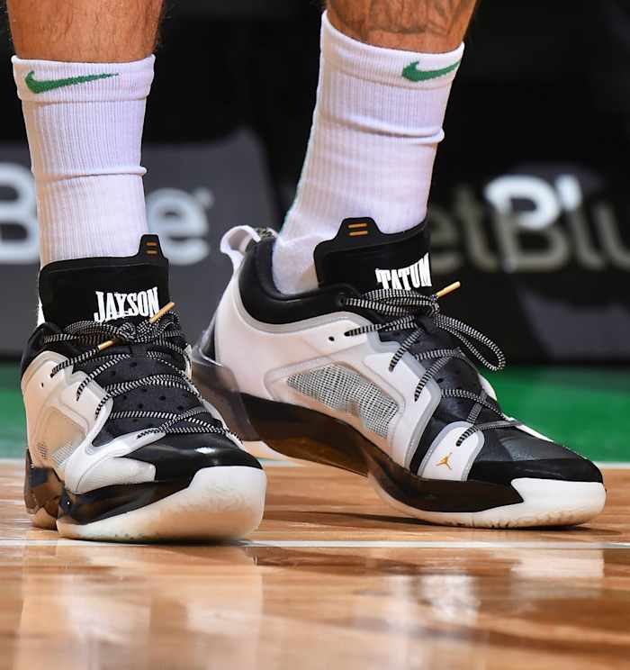 View of white and black Jordan shoes.