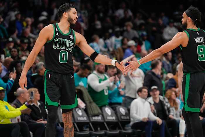 Boston Celtics forward Jayson Tatum, guard Derrick White