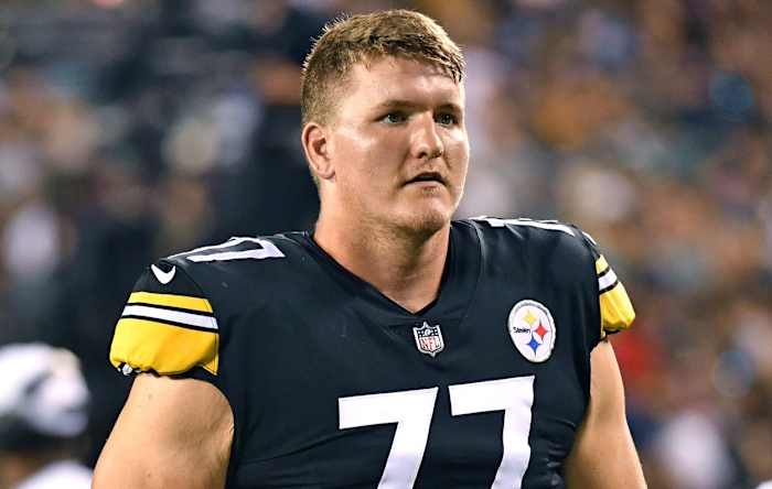 Pittsburgh Steelers offensive guard John Leglue (77) runs off the field against the Philadelphia Eagles at Lincoln Financial Field.