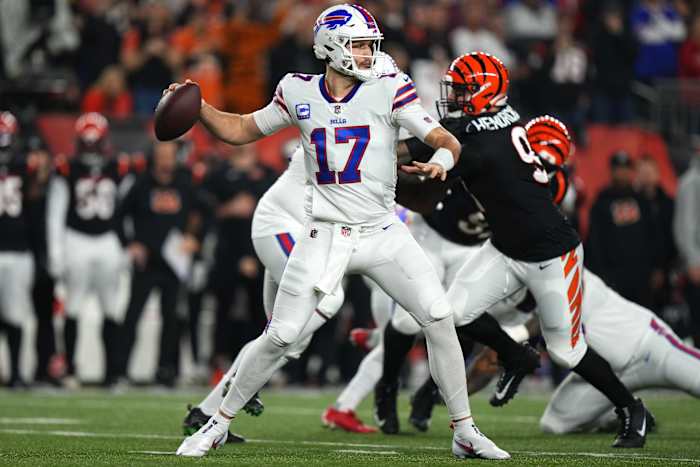 Jan 2, 2023; Cincinnati, Ohio, USA; Buffalo Bills quarterback Josh Allen (17) throws in the first quarter against the Cincinnati Bengals at Paycor Stadium. Mandatory Credit: Kareem Elgazzar-USA TODAY Sports