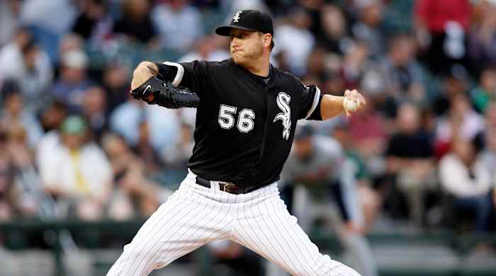 White Sox starting pitcher Mark Buehrle delivers a pitch during the second inning against the Cleveland Indians at US Cellular Field. The White Sox won 10–6.