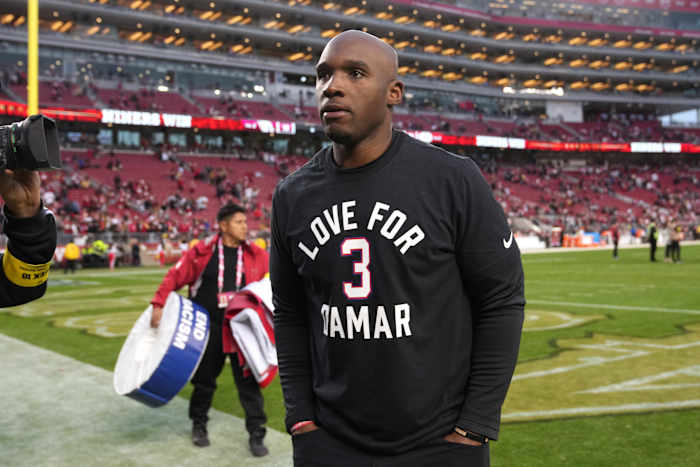 Jan 8, 2023; Santa Clara, California, USA; San Francisco 49ers defensive coordinator DeMeco Ryans walks off the field after defeating the Arizona Cardinals at Levi's Stadium.