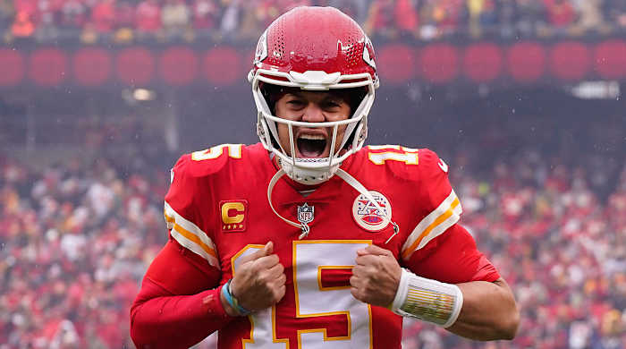 Chiefs quarterback Patrick Mahomes gets hyped up before the divisional game vs. the Jaguars.