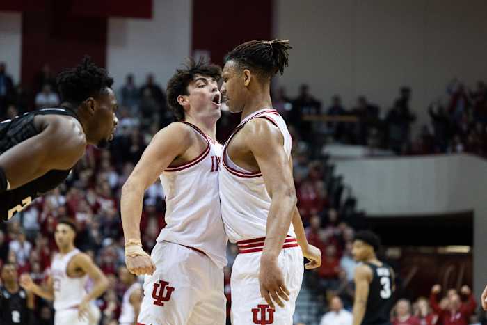 Indiana Hoosiers guard Trey Galloway (32) and forward Malik Reneau (5) celebrate in the second half against Michigan State.
