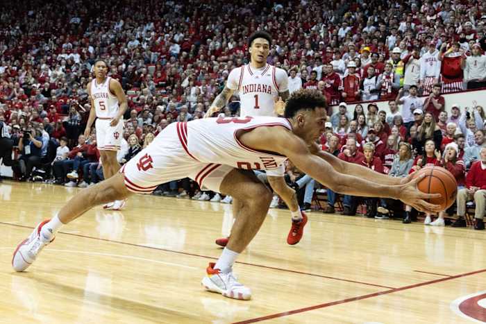 Indiana Hoosiers forward Trayce Jackson-Davis (23) saves a ball from going out of bounds during the game against the Michigan State Spartans.