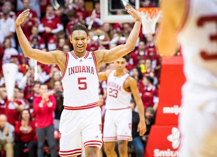 Malik Reneau (5) celebrates during the second half of Indiana versus Michigan State.