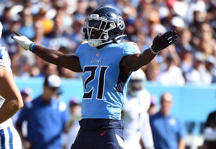 Tennessee Titans cornerback Roger McCreary (21) celebrates after a defensive stop on a pass during the first half at Nissan Stadium.
