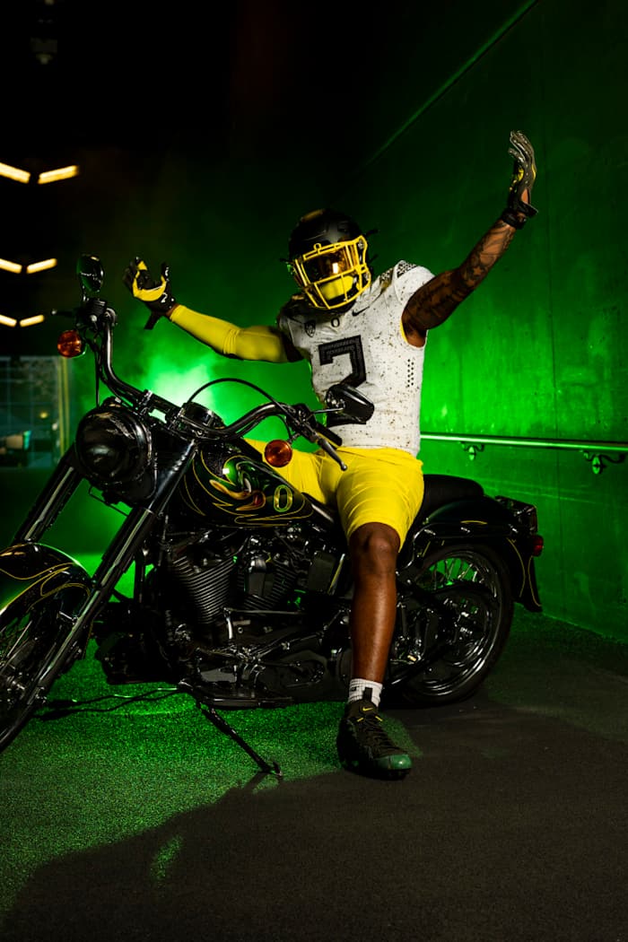 Dylan Williams poses on the Oregon Harley during a trip to Eugene.