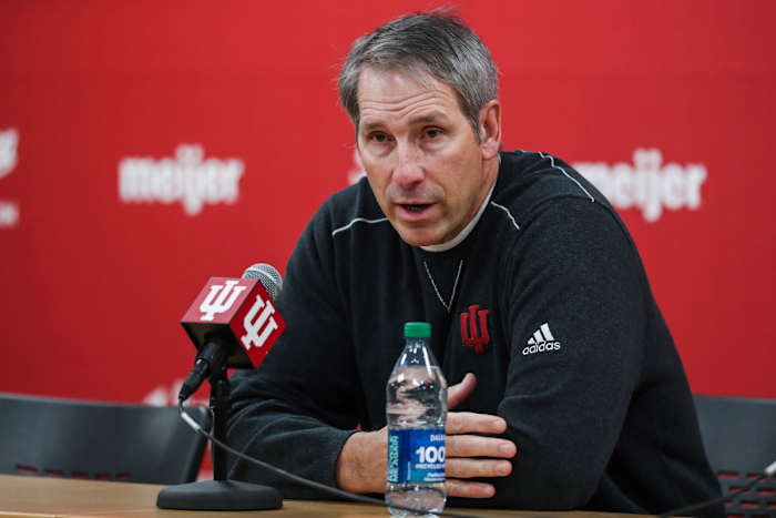 Indiana offensive line coach and run game coordinator Bob Bostad speaks during his introductory press conference on Jan. 22 at Simon Skjodt Assembly Hall in Bloomington, Ind.