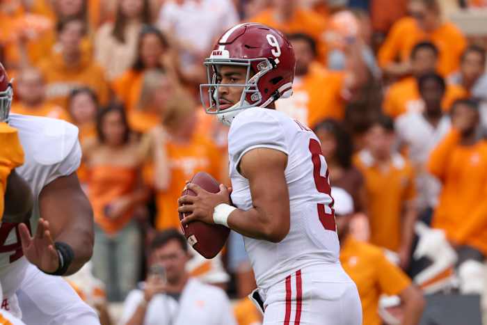 Oct 15, 2022; Knoxville, Tennessee, USA; Alabama Crimson Tide quarterback Bryce Young (9) looks to pass the ball against the Tennessee Volunteers during the first quarter at Neyland Stadium.