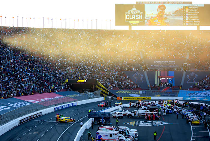 Overall view as NASCAR Cup Series driver Joey Logano celebrates after winning the Busch Light Clash at The Coliseum