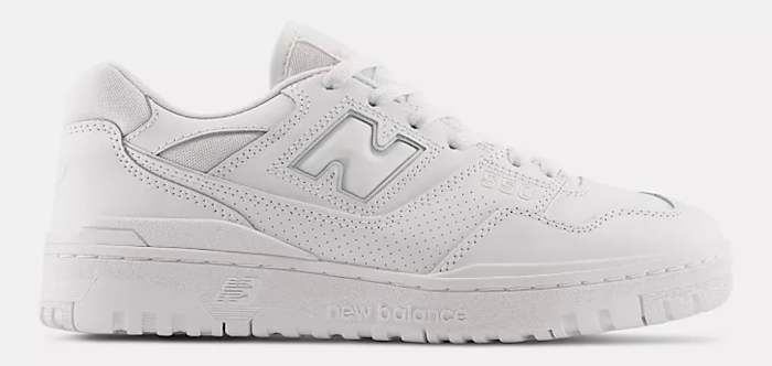 View of white New Balance shoe.