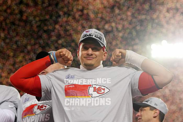 Chiefs quarterback Patrick Mahomes celebrates after leading the Chiefs to the AFC championship against the Bengals.