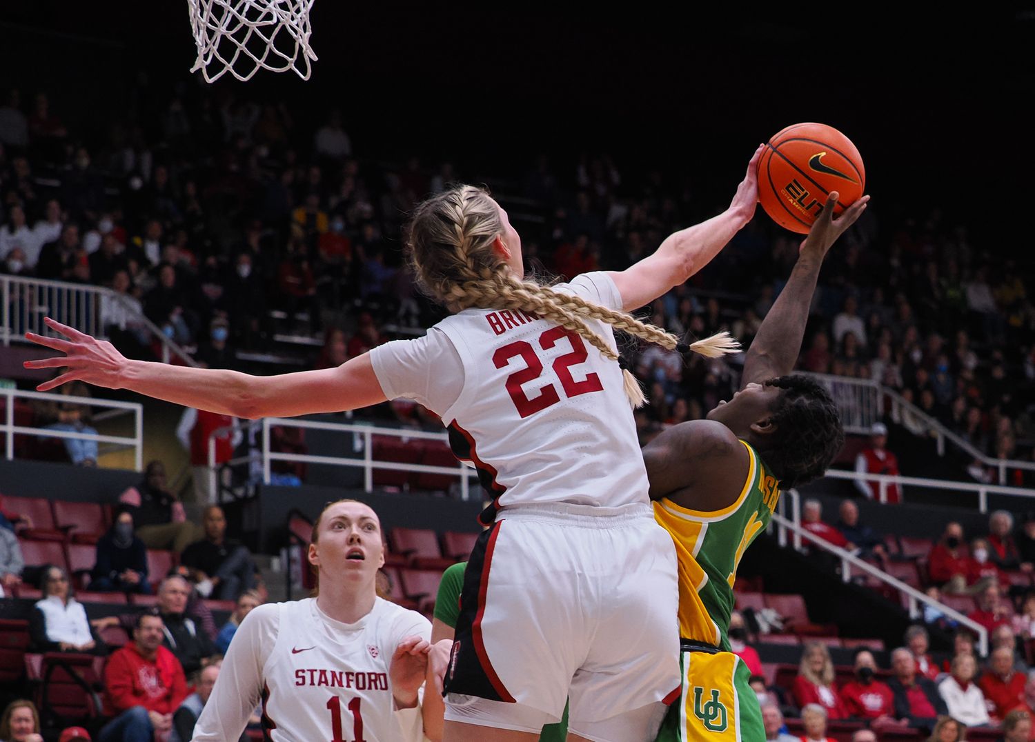 Jan 29, 2023; Stanford, California, USA; Stanford Cardinal forward Cameron Brink (22) blocks the shot by Oregon Ducks forward Taylor Hosendove (11) during the second quarter at Maples Pavilion. Mandatory Credit: Kelley L Cox-USA TODAY Sports