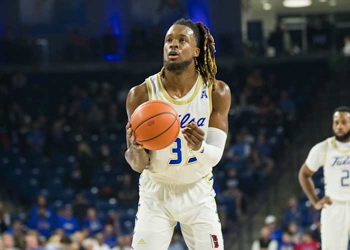 Dec 28, 2022; Tulsa, Oklahoma, USA; Tulsa Golden Hurricane forward Bryant Selebangue (33) gets ready to shoot a free throw during the first half against the Houston Cougars at Reynolds Center. Mandatory Credit: Brett Rojo-USA TODAY Sports