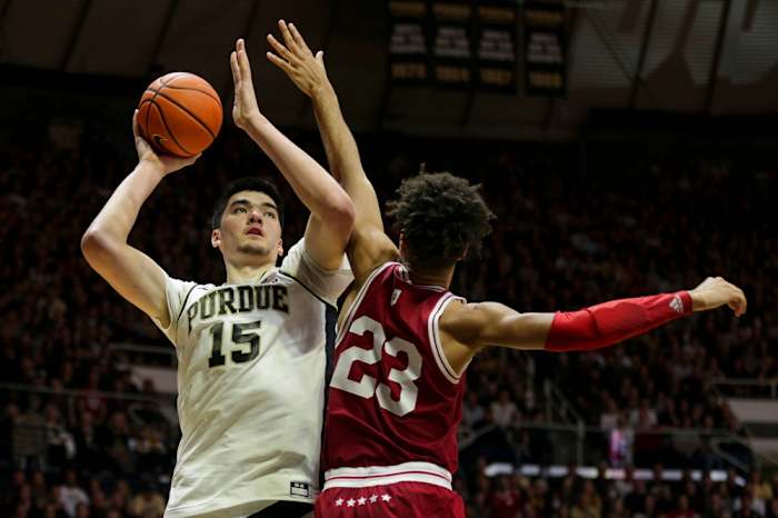Indiana Hoosiers forward Trayce Jackson-Davis defends Purdue Boilermakers center Zach Edey